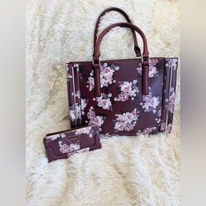 Guess Floral Burgundy Satchel and Wallet Set